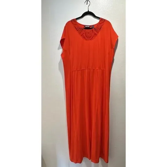 Lands End Women’s Plus Size 1X Bright Red Orange Crochet Neck Maxi Dress Boho - Picture 1 of 8